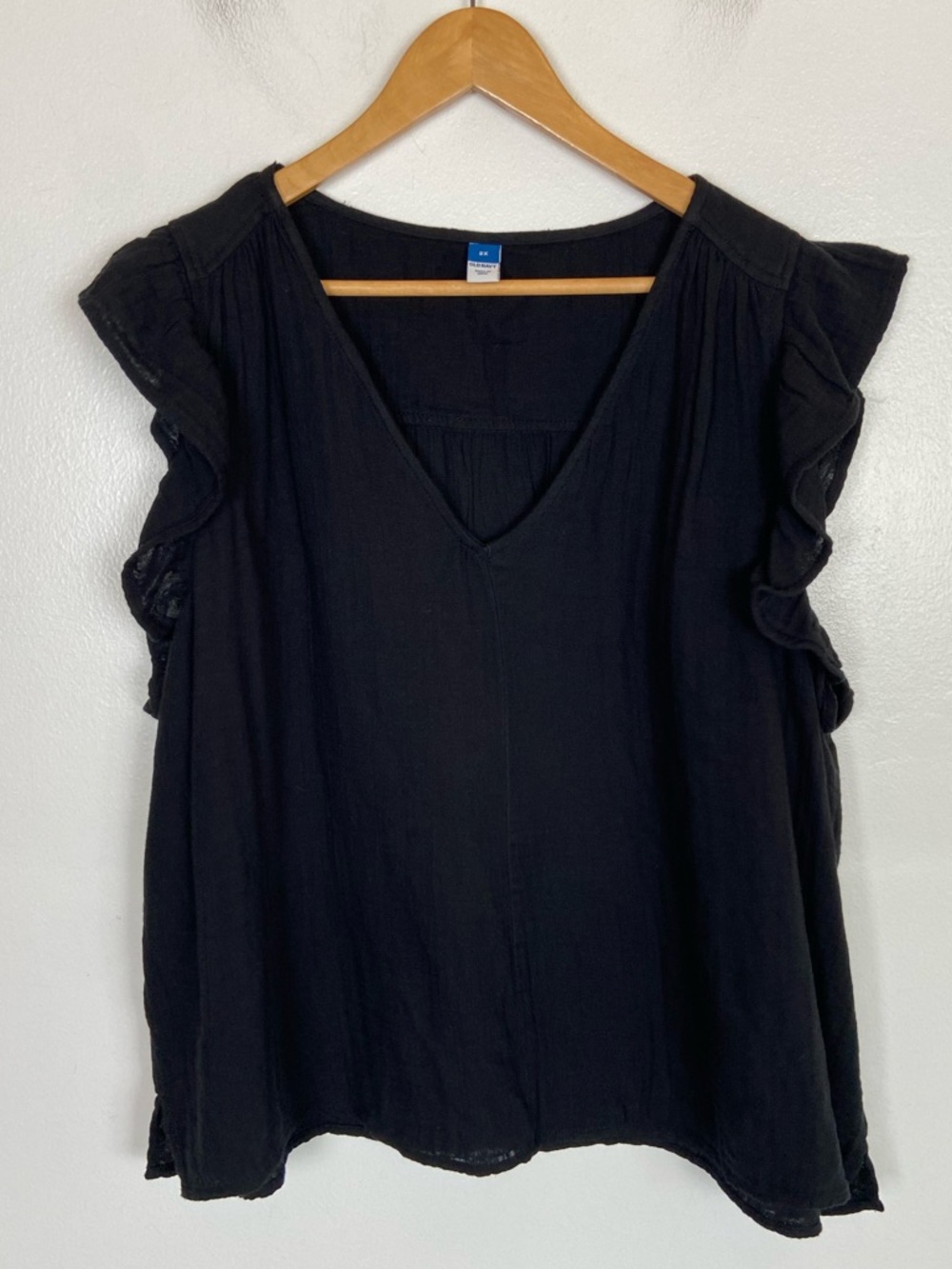 Old Navy Cotton Gauze Tunic Top Size 2X Black Boho Ruffle Classic Short Sleeves